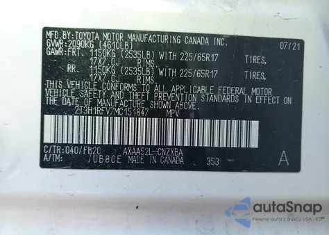 2021 Toyota Rav4 Le z USA, uszkodzony, nr VIN 2T3H1RFV7MC151847